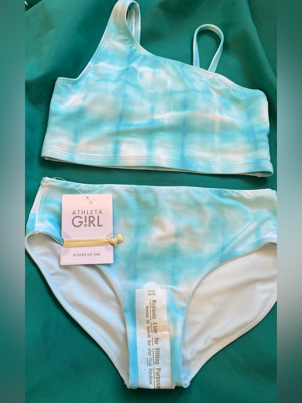 Athleta Girls XXL/16 one shoulder bikini with Reversible Bottom in Bali Blue NWT